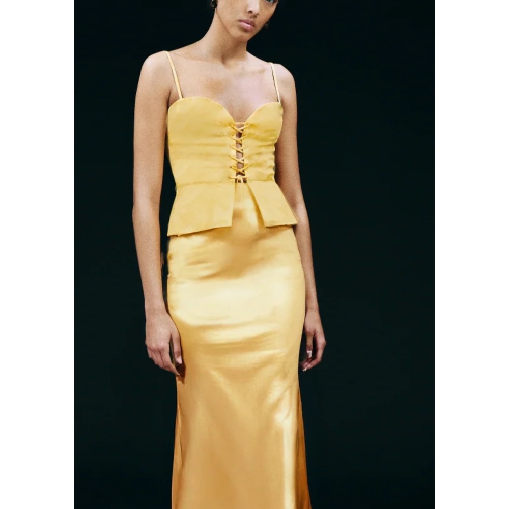 USISI SISTER Josie Top Yellow Linen Lace Up Corset Camisole Peplum XS